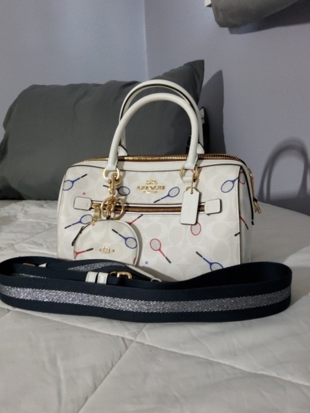 New Coach White Satchel with Multicolor Tennis Racket Print and Gold Hardware